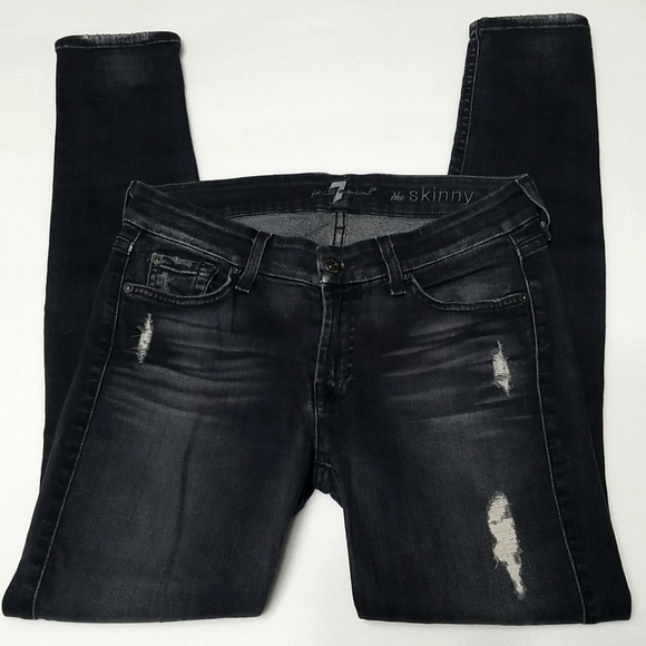 7 For All Mankind Denim - 7 For All Mankind Black Wash Distressed Skinny Jeans